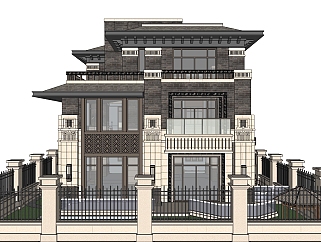 新中式别墅庭院su模型下载、中式别墅庭院草图大师模型下载