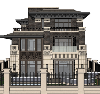 新中式别墅庭院su模型下载、中式别墅庭院草图大师模型下载