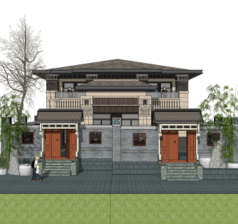 中式别墅建筑草图大师模型，古建民俗sketchup模型免费下载