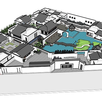 新中式建筑会所模型，sketchup模型免费下载