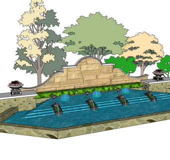 欧式景观墙skp文件下载，景观墙SU模型