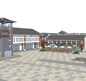 中式造型商业街草图大师模型，商业综合体sketchup模型免费下载