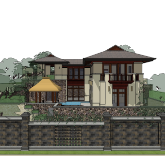 东南亚风格别墅su模型下载、东南亚风格别墅草图大师模型下载