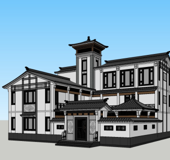 新中式独栋别墅su模型免费下载，别墅sketchup模型下载