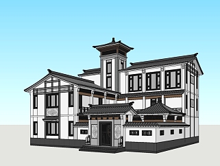 新中式独栋别墅su模型免费下载，别墅sketchup模型下载