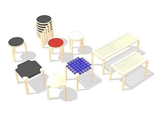 现代实木凳子组合草图大师模型，实木凳子sketchup模型下载