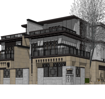 中式别墅外观草图大师模型