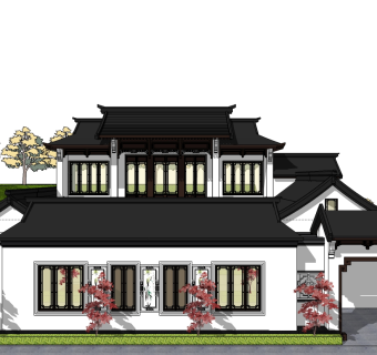 新中式别墅四合院su模型下载、新中式别墅四合院草图大师模型下载