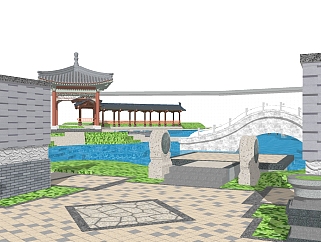 中式公园景观草图大师模型，公园景观sketchup模型免费下载