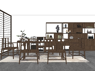 新中式<em>实木餐桌</em>椅组合su模型，简约餐桌sketchup模型...