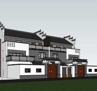 新中式连排别墅草图大师模型，sketchup别墅su模型免费下载