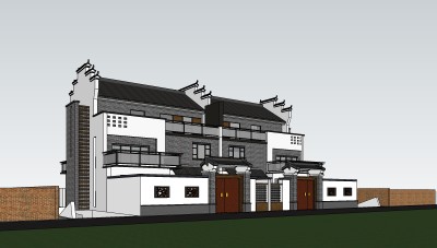 新中式连排别墅草图大师模型，sketchup别墅su模型免费下载