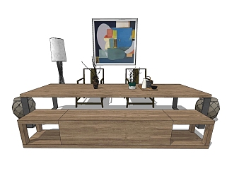 新中式实木茶桌圆凳组合su模型，茶桌sketchup模型下载