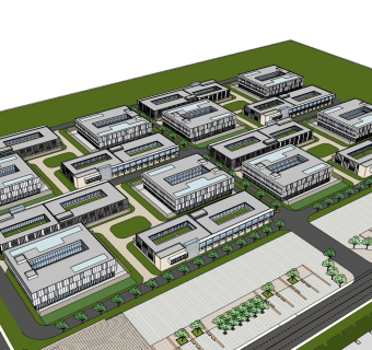 现代工业区规划草图大师模型，厂房sketchup模型免费下载