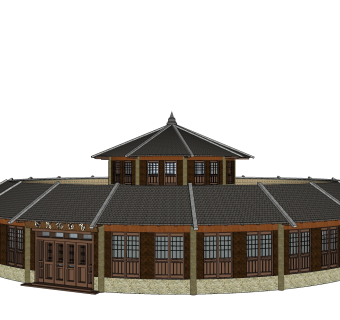 中式古建土楼免费su模型下载、古建土楼草图大师模型下载