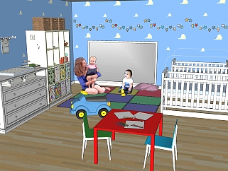 现代儿童卧室草图大师模型，<em>儿童房</em>su模型下载