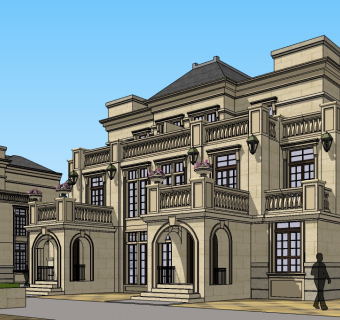 欧式连排别墅su模型免费下载，sketchup别墅草图大师模型