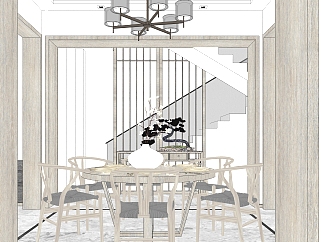 禅意新中式客餐厅草图大师模型，餐厅SU模型下载
