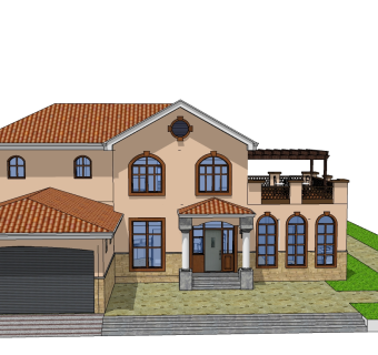 欧式泳池别墅su模型，别墅设计草图大师模型下载