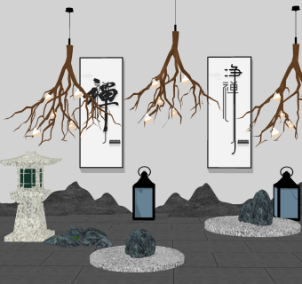 中式禅意枯山水园艺小品草图大师模型，禅意枯山水园艺小品sketchup模型下载