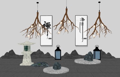 中式禅意枯山水园艺小品草图大师模型，禅意枯山水园艺小品sketchup模型下载