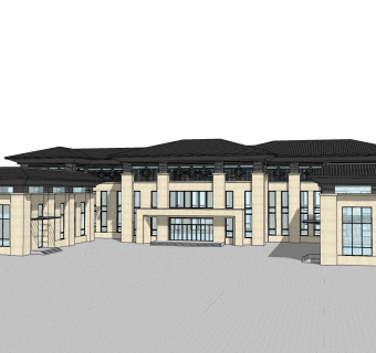 新中式售楼处建筑方案草图大师模型，售楼部建筑沙盘sketchup模型免费下载