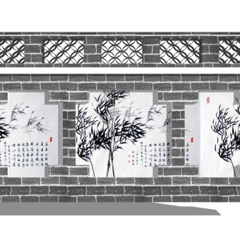 中式文化景观墙草图大师模型，文化景观墙sketchup模型下载