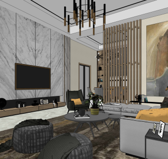 现代客餐厅su模型，客餐厅沙发桌椅茶几组合草图大师模型下载