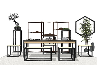 中式茶桌椅组合su模型，茶桌sketchup模型下载