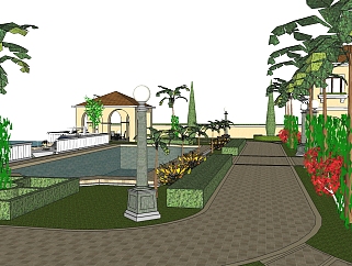 现代中式小区庭院景观草图大师模型，庭院景观sketchup模型skp文件分享