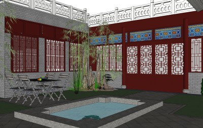 现代中式小区庭院，sketchup模型免费下载