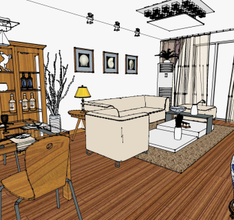  新中式客厅sketchup模型下载，客厅草图大师模型