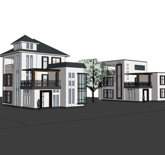 新中式独栋别墅草图大师模型，sketchup别墅su模型下载