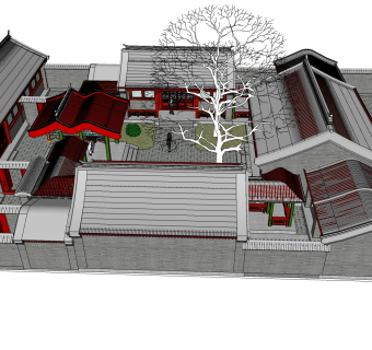 传统四合院建筑草图大师模型分享免费下载