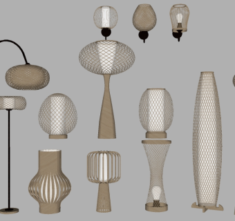 现代自然风竹编壁灯台灯落地灯组合草图大师模型，自然风竹编壁灯台灯落地灯组合sketchup模型下载