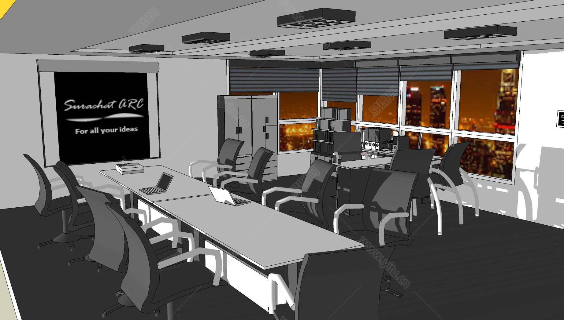 现代 办公室室内表现草图，办公室sketchup模型下载 - 草图大师模型