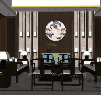 新中式客厅草图大师模型，客厅sketchup模型下载