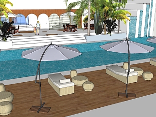 俱乐部餐厅游泳池迪斯科舞厅 室外  ，户外餐厅游泳池酒店，太阳伞免费su、草图大师模型下载.