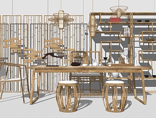 新中式茶桌椅<em>组合</em>su模型(1)，茶桌sketchup模型下载