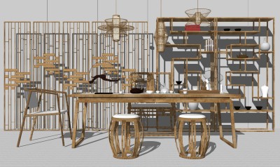 新中式茶桌椅组合su模型(1)，茶桌sketchup模型下载