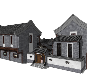 中式别墅建筑草图大师模型，古建民俗sketchup模型免费下载