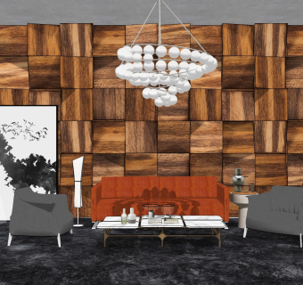 现代轻奢客厅软装su模型，客厅沙发茶几组合草图大师模型下载