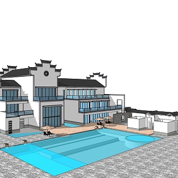 新中式徽派建筑草图大师模型，古建民俗sketchup模型免费下载