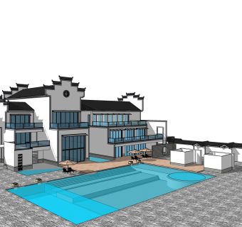 新中式徽派建筑草图大师模型，古建民俗sketchup模型免费下载