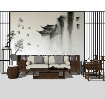 新中式实木沙发组合su模型，沙发组合sketchup模型下载