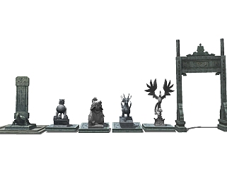 中式四方神兽雕塑su模型下载、四方神兽雕塑草图大师模型下载
