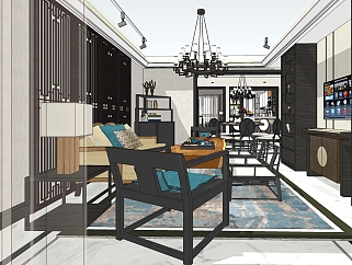 新中式家具组合客厅su模型，客厅skp模型下载
