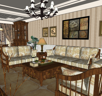 美式乡村家装草图大师模型，家装SU模型下载