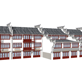 新中式徽派建筑草图大师模型，古建民俗sketchup模型免费下载