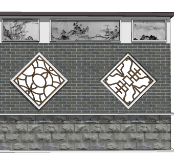 中式景观墙sketchup模型下载，景观墙草图大师模型